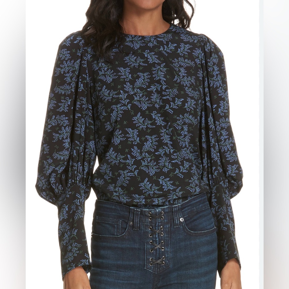 Veronica Beard Clarke Floral Button-Back Silk Top in Black/Blue 6